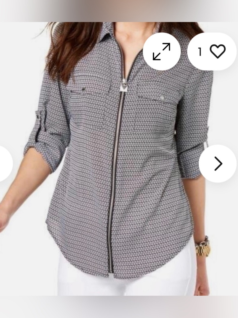 Michael Michael Kors Zip Up Top Chiffon Long Roll Tab Sleeves Utility